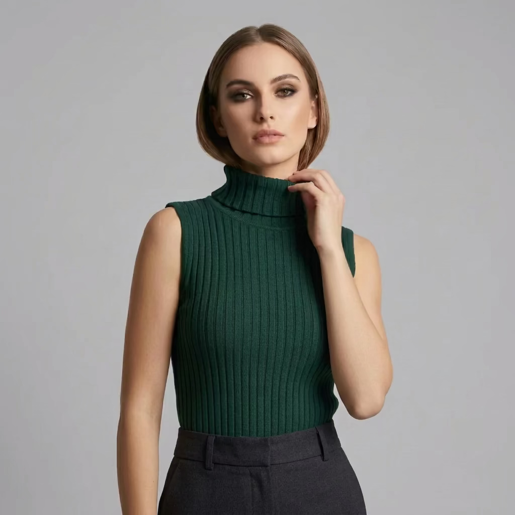 Blusa de Tejido Acanalado con Cuello Alto y Sin Mangas E 595